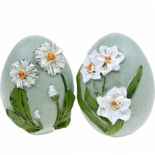Floristik24 Oeufs de Pâques avec motif de fleurs marguerites et jonquilles bleu, vert plâtre assorti 2pcs