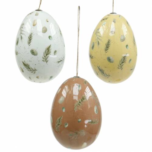 Floristik24 Oeufs de Pâques à suspendre avec motif oeufs et plumes blanc, marron, jaune assortis 3pcs