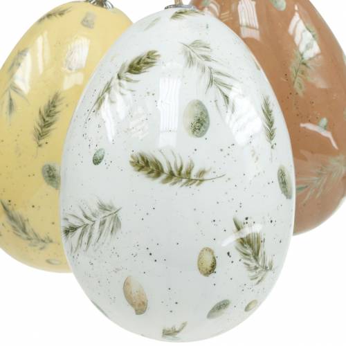 Article Oeufs de Pâques à suspendre avec motif oeufs et plumes blanc, marron, jaune assortis 3pcs