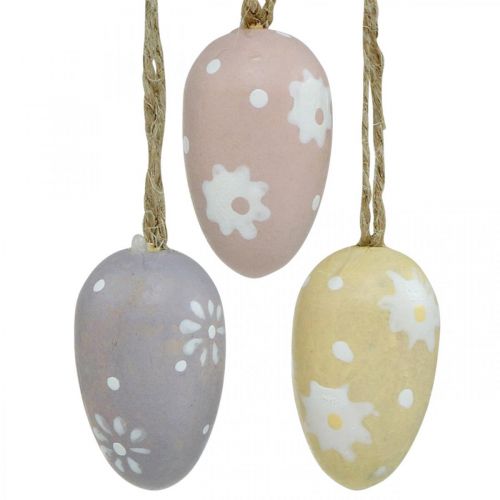 Article Mini oeufs de Pâques, oeufs en bois avec fleurs, décoration de Pâques violet, rose, jaune H3,5cm 6pcs