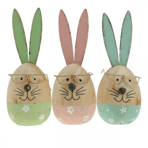 Article Lapin de Pâques avec lunettes figurine décorative oeuf en bois Ø5cm H13.5cm 3pcs