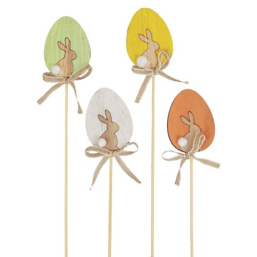 Article Bouchon de fleur décoration de Pâques oeuf en bois avec lapin coloré 5×7cm 12 pcs