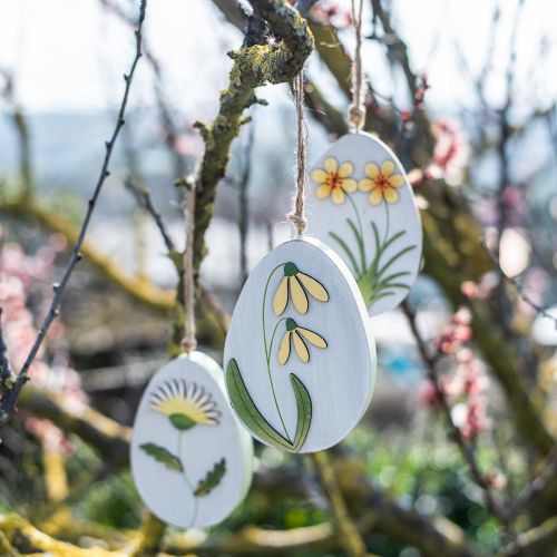 Article Oeufs à suspendre, oeufs de Pâques en bois, motif fleur, perce-neige pissenlit Winterling H14cm 3pcs