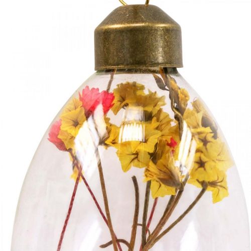 Floristik24 Oeufs suspendus, fleurs séchées, oeufs de Pâques, décorations en verre pour le printemps H6,5cm, lot de 6