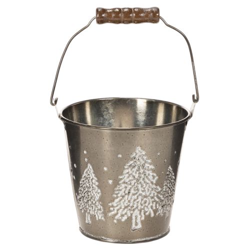 Seau décoratif avec sapins et poignée en bois, 13 cm