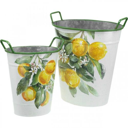 Pot méditerranéen en étain, jardinière motif citron blanc, vert, jaune H43,5/34cm L36,5/27,5cm lot de 2