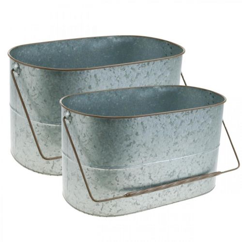 Floristik24 Jardinière avec anse, pot métal, cache-pot argent, marron H22/20cm L42/40cm lot de 2