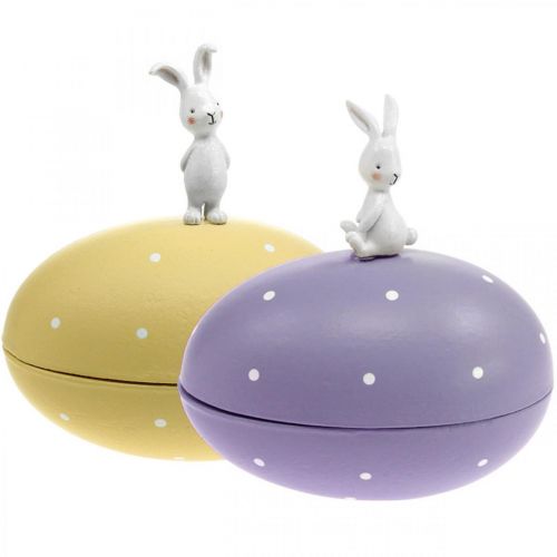 Floristik24 Lapin sur oeuf, oeuf déco à remplir, Pâques, boite déco jaune, violet H17/16cm L15cm lot de 2