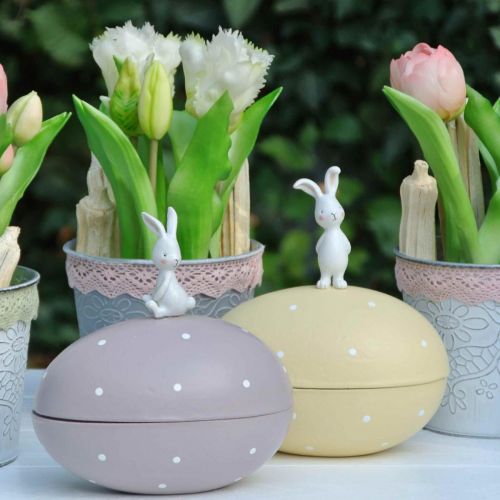 Floristik24 Lapin sur oeuf, oeuf déco à remplir, Pâques, boite déco jaune, violet H17/16cm L15cm lot de 2