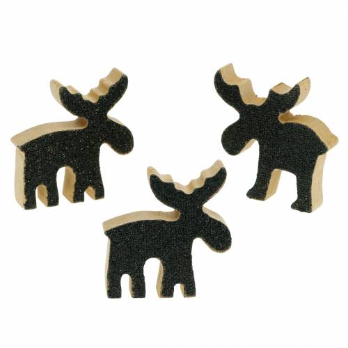 Article Décoration de Noël en bois d&#39;élan noir pailleté 5×5,5 cm 12 pcs