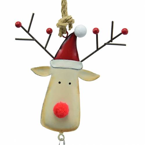 Article Pendentif de Noël tête de wapiti avec cloche 11,5cm rouge, beige 3pcs