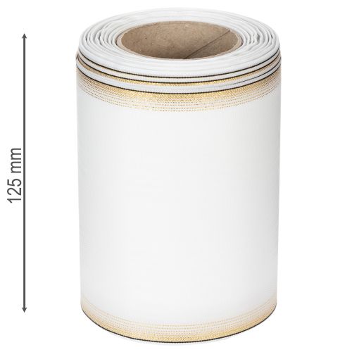 Ruban moiré élégant pour couronne, 125 mm, blanc avec bordure dorée - Ruban décoratif de haute qualité pour l'art floral et les célébrations | Floristik24.be