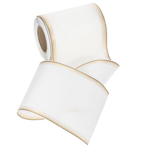 Ruban moiré élégant pour couronne, 125 mm, blanc avec bordure dorée - Ruban décoratif de haute qualité pour l'art floral et les célébrations | Floristik24.be