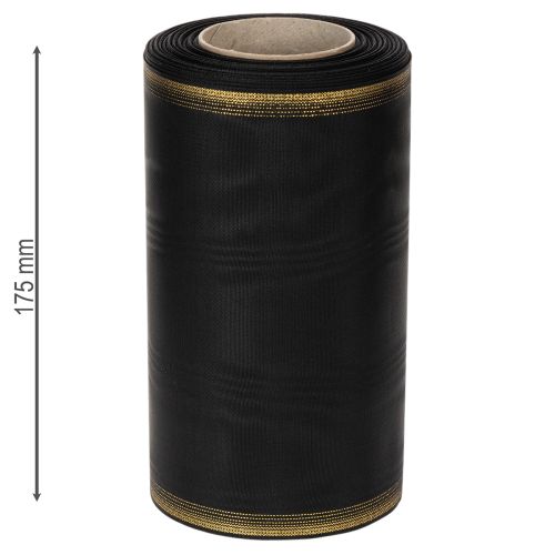 Ruban moiré élégant pour couronne, 175 mm, noir avec bordure nacrée et tissage taffetas, ruban décoratif pour compositions florales funéraires, ruban pour nœud, 25 m | Floristik24.be