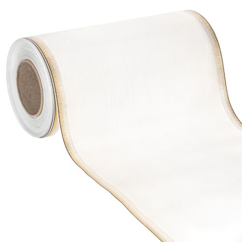 Ruban moiré élégant pour couronne, blanc 200 mm avec bordure nacrée dorée et finition spéciale, 25 m - Parfait pour les décorations et les fêtes acheter | Floristik24.be