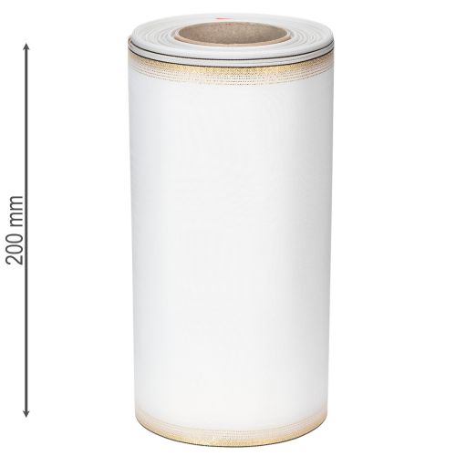 Ruban moiré élégant pour couronne, blanc 200 mm avec bordure nacrée dorée et finition spéciale, 25 m - Parfait pour les décorations et les fêtes | Floristik24.be
