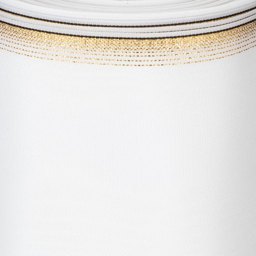 Ruban moiré élégant pour couronne, blanc 200 mm avec bordure nacrée dorée et finition spéciale, 25 m - Parfait pour les décorations et les fêtes | Floristik24.be