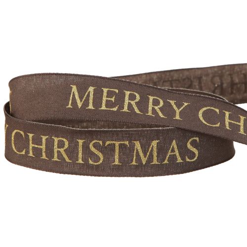 Article Ruban de Noël élégant marron foncé avec inscription dorée "Joyeux Noël", largeur 25 mm, longueur 15 m