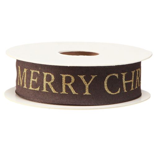 Article Ruban de Noël élégant marron foncé avec inscription dorée "Joyeux Noël", largeur 25 mm, longueur 15 m