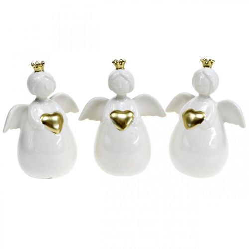 Floristik24 Figurine d&#39;ange en céramique blanche, ange gardien doré 10 × 6,5 × 13cm 3pcs