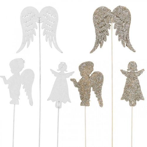 Floristik24 Ange de l&#39;Avent, ailes à coller, ange en bois, décoration de Noël naturel, blanc, paillettes dorées 18 pièces