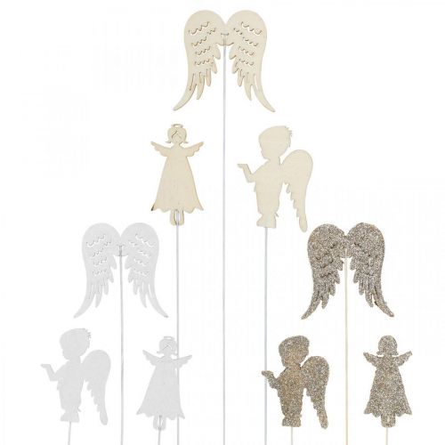 Ange de l&#39;Avent, ailes à coller, ange en bois, décoration de Noël naturel, blanc, paillettes dorées 18 pièces