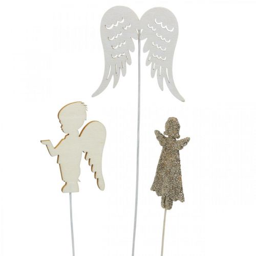Floristik24 Ange de l&#39;Avent, ailes à coller, ange en bois, décoration de Noël naturel, blanc, paillettes dorées 18 pièces