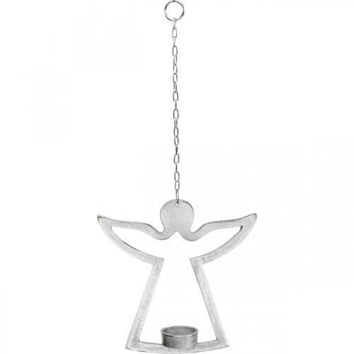 Article Photophore avec ange, décoration bougie à accrocher, métal argenté H20cm