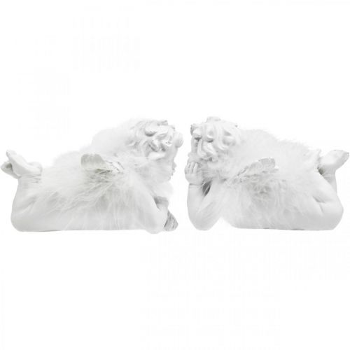 Article Ange couché, décoration de Noël, décoration ange avec plumes, blanc de l&#39;Avent H8 / 8.5cm L14 / 12.5cm lot de 2