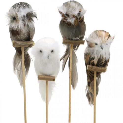 Bouchon fleur déco hibou avec plumes blanc, marron H15cm 4pcs