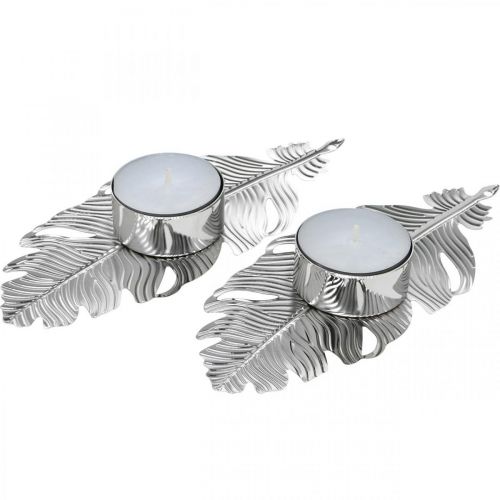 Floristik24 Photophore plumes, décoration avent, décoration métal, bougeoir argent Ø3.8cm L16.5cm 4pcs