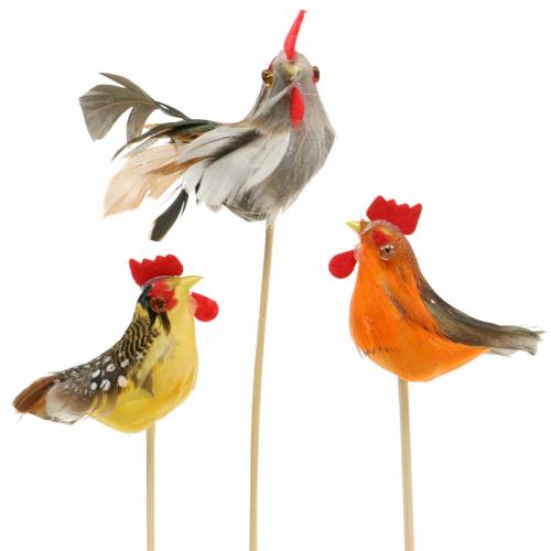 Article Coq avec de vraies plumes sur le bâton orange, jaune, marron assorti H5-6cm 12pcs