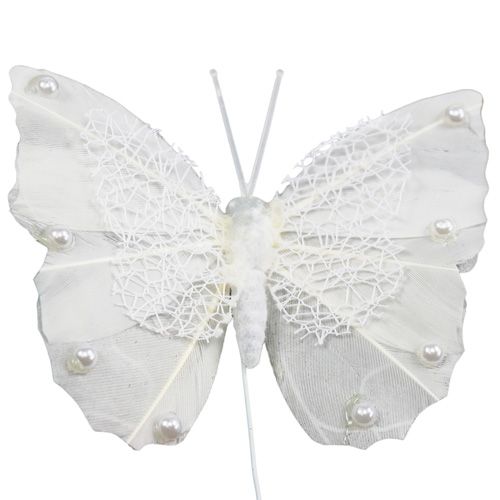 Article Papillon de plumes 8cm sur fil, blanc 12P