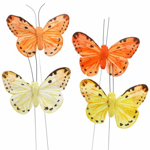 Floristik24 Papillon jaune orange sur fil 7 cm fil 24 pièces