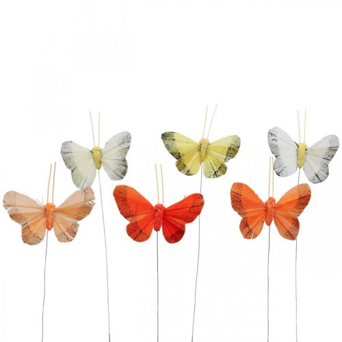 Article Plume papillon sur fil 5cm orange, jaune 24 pcs