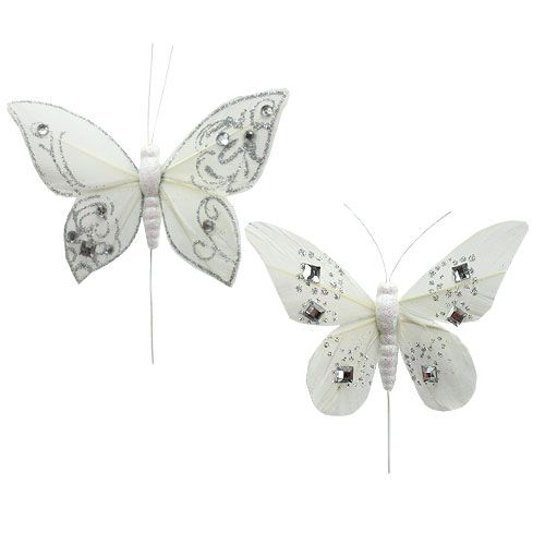 Floristik24 Papillon en plumes avec strass, glitter blanc 10cm 4P