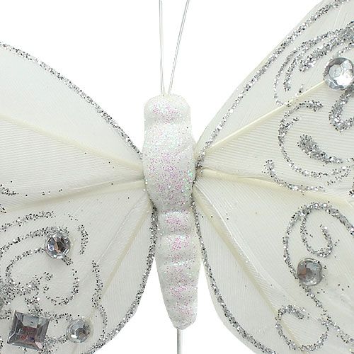 Floristik24 Papillon en plumes avec strass, glitter blanc 10cm 4P