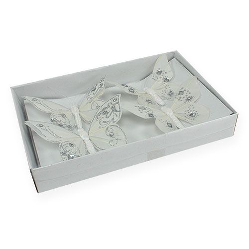 Floristik24 Papillon en plumes avec strass, glitter blanc 10cm 4P