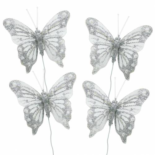Floristik24 Plume papillon blanc avec mica 7.5cm 4pcs