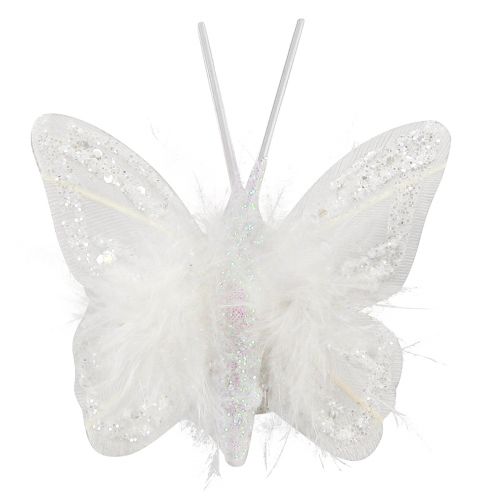 Plumes papillons sur clip blanc pailleté 5x4,5cm 4 pcs