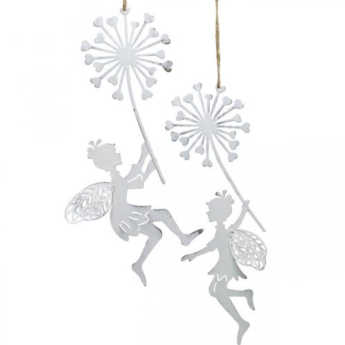 Floristik24 Fée au pissenlit, décoration printanière à suspendre, pendentif métal blanc, argent H25,5/27,5cm 4pcs