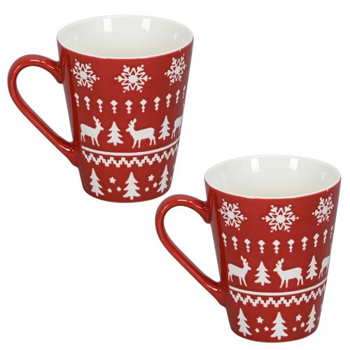 Article Mug de Noël festif motif rennes et sapin de Noël H10cm - rouge et blanc 2 pièces