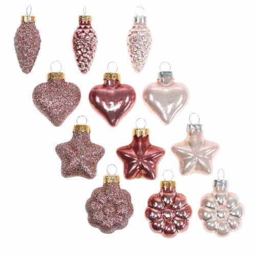 Floristik24 Mini mélange de décorations de sapin de Noël en verre assorti rose, rose 12 pièces