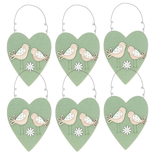Article Coeur en feutre à suspendre Oiseau Vert Naturel 17x21cm 6 pcs