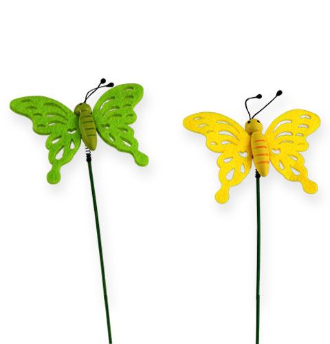 Floristik24 Papillon en feutre sur la tige 7cm vert / jaune 24pcs