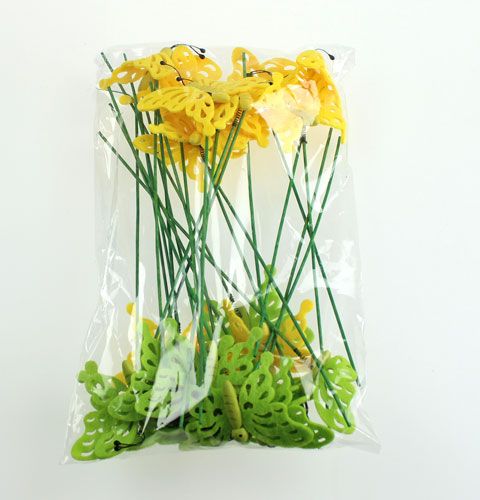 Floristik24 Papillon en feutre sur la tige 7cm vert / jaune 24pcs