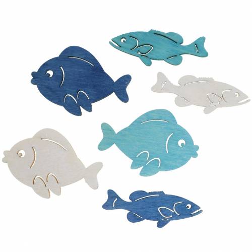 Floristik24 Décoration à disperser poisson bois blanc, bleu, bleu clair 4cm 72 pcs