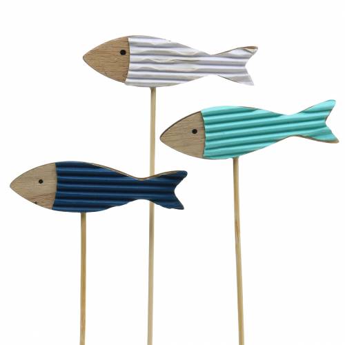 Floristik24 Bouchon décoratif poisson bois turquoise bleu blanc 8cm H31cm 24 pcs
