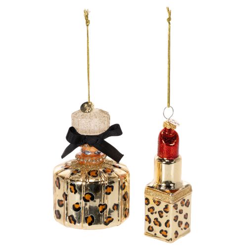 Décoration de sapin de Noël : flacon de parfum et rouge à lèvres à motif léopard, 11 cm, lot de 2 acheter | Floristik24.be