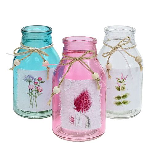 Floristik24 Bouteille en verre couleurs assorties Ø8cm H15cm 3 pièces